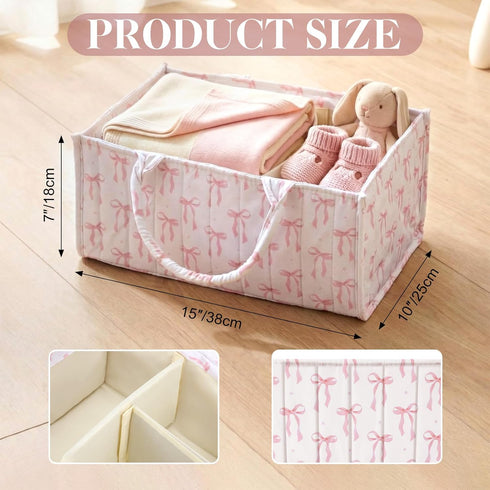 Shinylin Diaper Caddy Organizer with Pink Bow Portable Nursery Storage Basket with Handles and Removable Dividers Cute