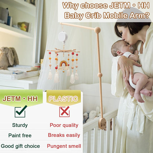 30 inch Set JETMHH Baby Crib Mobile Arm Wooden Holder Beech Hangers with Rotating Music Box Nursery Decor Attachment