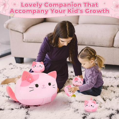5 Family-19" Mommy 4 PCS Pink Sakura Cat Plush Stuffed Animal Soft Pink Sakura Cat Plush, Large Plushies with Baby