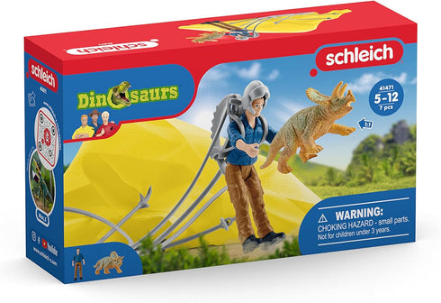 Schleich Dinosaurs Parachute Rescue Playset with Baby Triceratops Toy, 7 Pieces, Dinosaur Toy for Boys and Girls, Ages