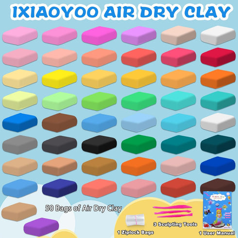 50 3 4 5 6 7 8+ Ixiaoyoo Air Dry Clay, Colors Modeling Magic Clay for Kids, Soft & Non-Sticky, Creative DIY School Arts