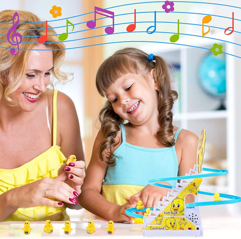 Small Duck Climbing Stairs Toy, Electric Duck Roller Coaster Set with LED Lights & Music, Birthday Gift for Kids