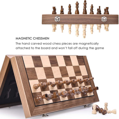 15 Inches Set 2 AMEROUS Magnetic Wooden Chess with Extra Queens/Folding Board/Chess Pieces Storage Slots/Instructions