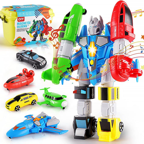 SOMMER 5-in-1 Magnetic Vehicles Toy Playset, Mix and Match STEM Stacking Assembling Car Kit with Storage Box for Kids