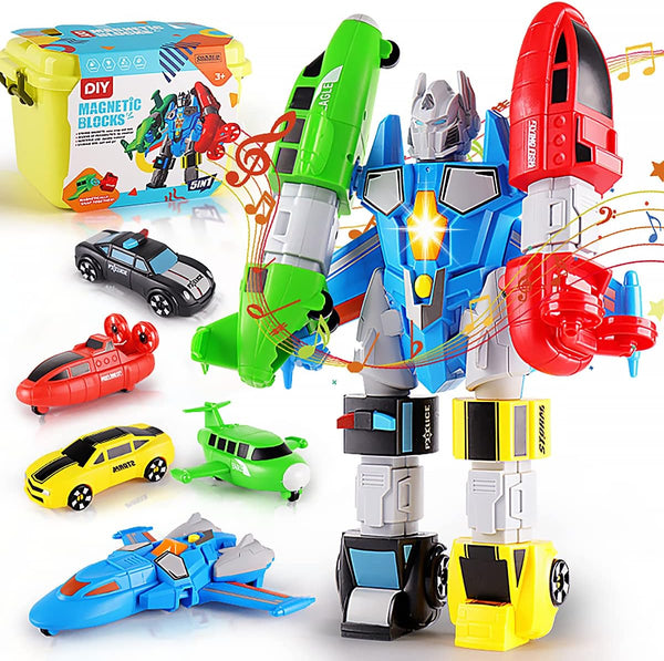 SOMMER 5-in-1 Magnetic Vehicles Toy Playset, Mix and Match STEM Stacking Assembling Car Kit with Storage Box for Kids