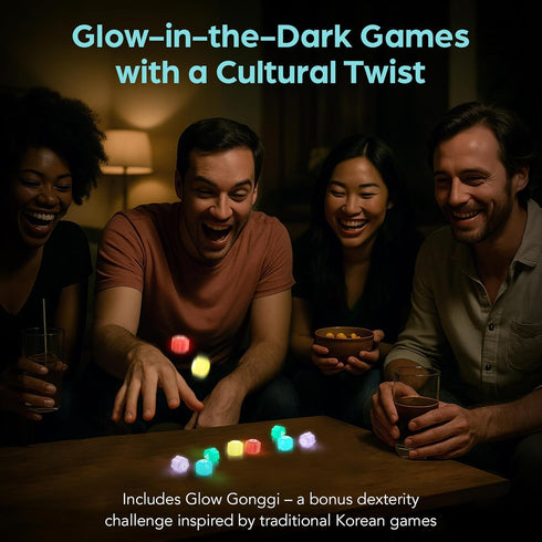 Set 4-in-1 Glow-in-The-Dark Dice Game Light-Up Party Dice for Kids & Adults Includes Korean Gonggi Game, Gift Tin