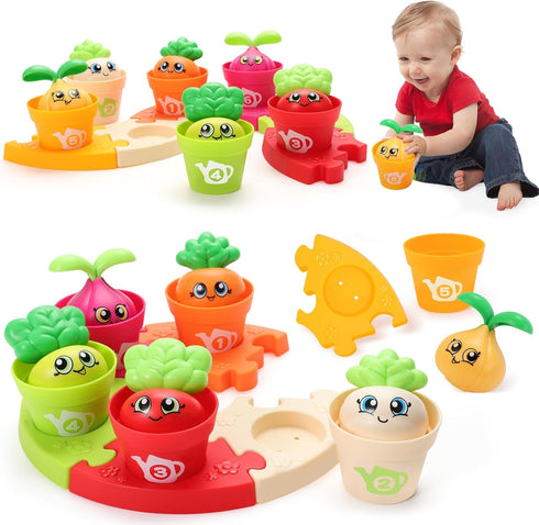 MOONTOY Baby Montessori Stacking Toys, 18pcs Plant Flower Pots & Puzzles Set for 1+ Year Old