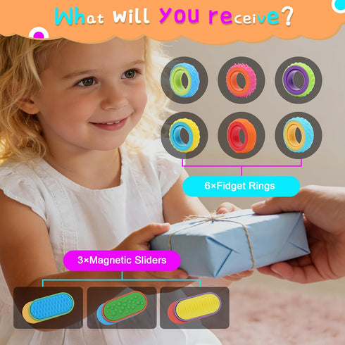 FlufiFiea 6 Pack 3 Pack Sensory Fidget Toys - Fidget Rings and Silicone Magnetic Sliders for Kids, Sensory Toys