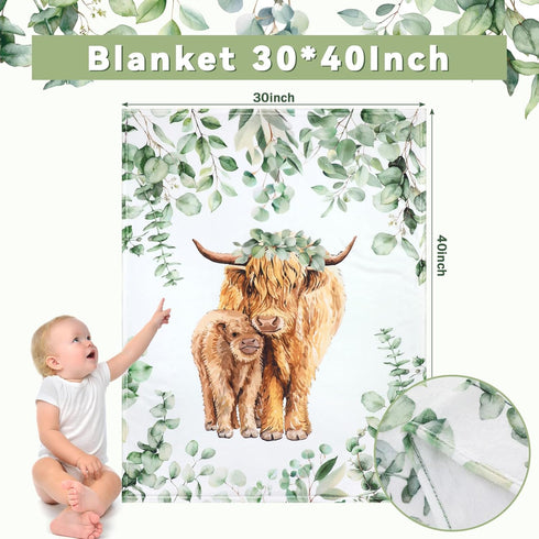HunnmingRe Set 3 Set Baby Highland Cow Crib Bedding Pcs Crib Baby Blanket, Fitted Sheet, Pillowcase Soft Flannel