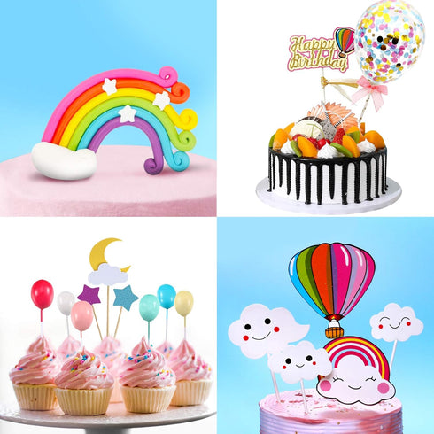 MOVINPE Happy Birthday Cake Topper, Rainbow Cloud Decoration with Confetti Balloons for Kids