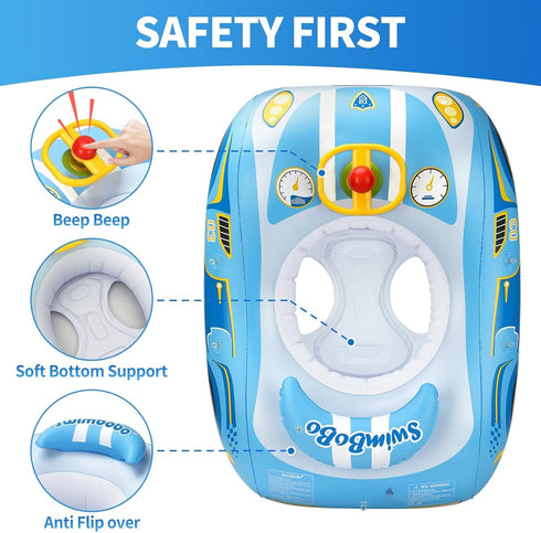 3+ Swimbobo Toddler Pool Float Inflatable Car Baby Swim Float with Adjustable Sun Canopy and Safety Seat Pool Toys