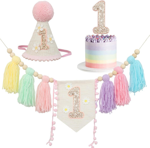 Daisy1st 1st JUIIZAY Baby First Birthday Party Decorations Macaron High Chair Banner Crown Cake Topper Birthday