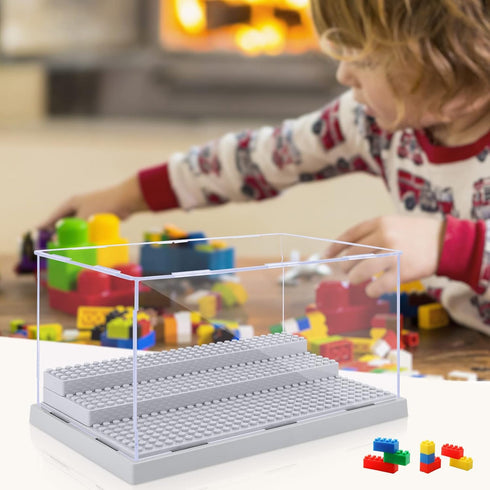 Mlikero 2 Pack Display Case for Minifigures - Clear Dustproof Acrylic Storage Box with 3 Movable Steps, Gray