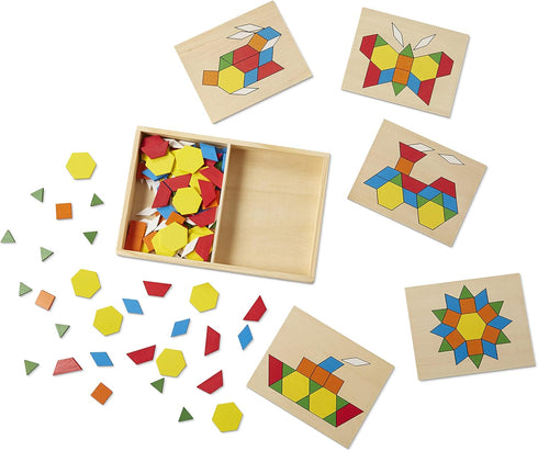 Melissa & Doug Wooden Classic Toy Pattern Blocks and Boards - 120 Solid Wood Shapes, 5 Double-Sided Panels,