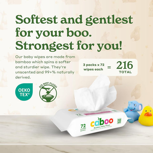 72 Pack, 216 Caboo Baby Wipes, Made with Bamboo Viscose, Certified Made Safe Ingredients, Unscented Baby Wipes Good