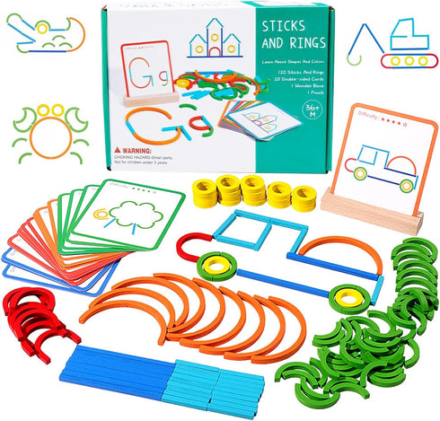 ZHUGEYG 120-Piece Wooden Pattern Blocks Set with Sticks and Rings - Montessori Shape