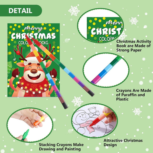 24 24 Set Funrous Pcs Bulk Christmas Coloring Books with Stackable Crayons Christmas Mini Coloring Books for Xmas