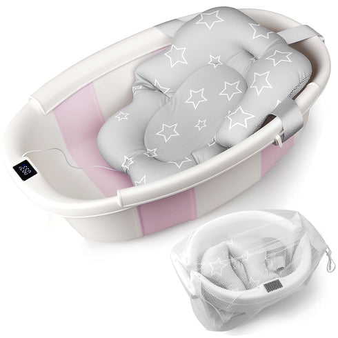 EverKiddo Baby Bathtub, Baby Bath Tub with Thermometer & Soft Cushion, Collapsible Infant