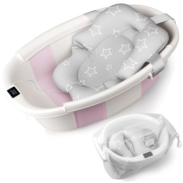 EverKiddo Baby Bathtub, Baby Bath Tub with Thermometer & Soft Cushion, Collapsible Infant