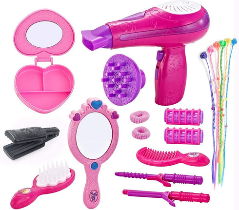 Little Girls Beauty Hair Salon Toy Kit with Toy Hairdryer, Mirror & Accessories, Makeup Set
