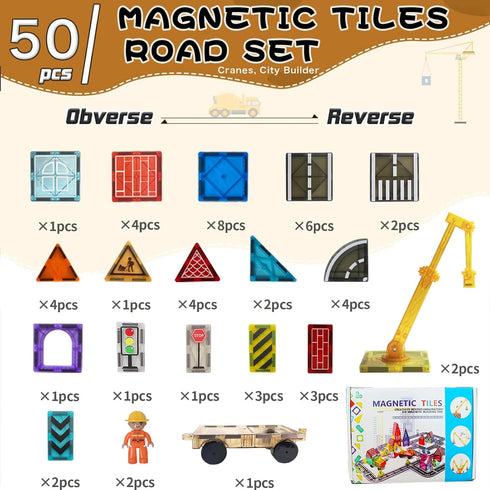 Set 3-5 4-8 5-7 3+ Magnetic Tiles Road with Crane for Kids Ages Preschool City Construction Kids Games Toddler Magnet