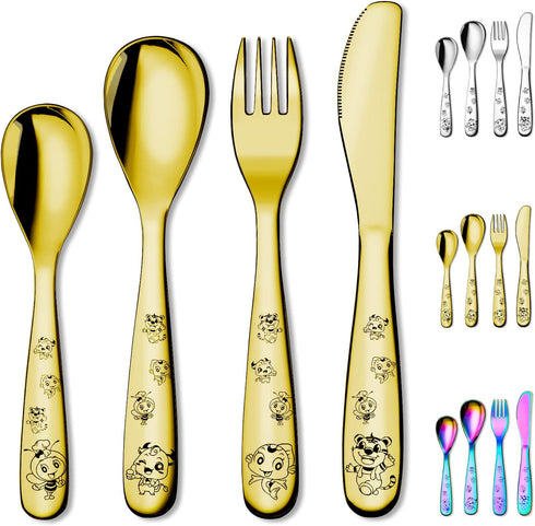 Berglander Gold Toddler Utensils Set, 4 Pieces Golden Titanium Plating Kids Silverware, Safe Forks and Spoons