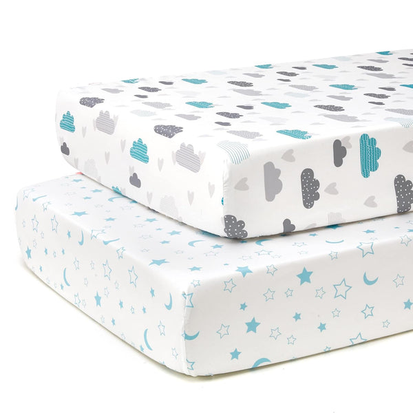 TILLYOU Baby Crib Sheets, 2 Pack Super Soft Toddler Bed Sheets for Standard Crib Mattress 28x52in, Blue Clouds and Stars