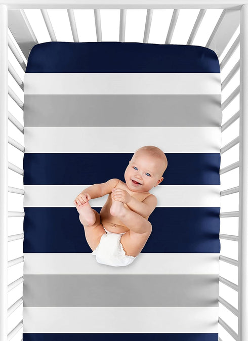 Fitted Crib Sheet for Baby/Toddler Bedding, Navy and Gray Stripe - Stripe Print