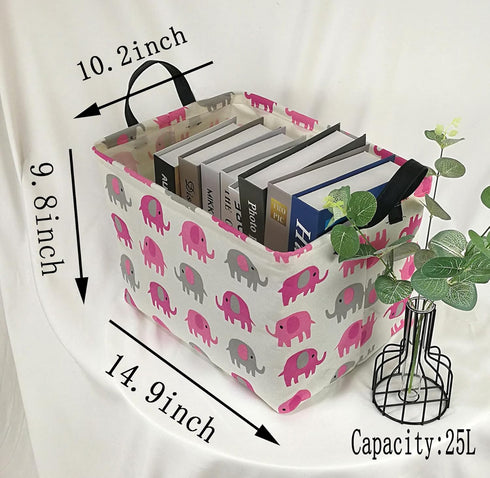 Elephant Print Rectangular Storage Bin, Canvas Fabric Toy Box, Waterproof Coating Nursery Hamper with Handles, Gift