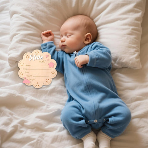 Penitue Hello World Newborn Signs, Wood Cute Baby Welcome Announcement Sign with Holder Birth Name Plaque for Photo