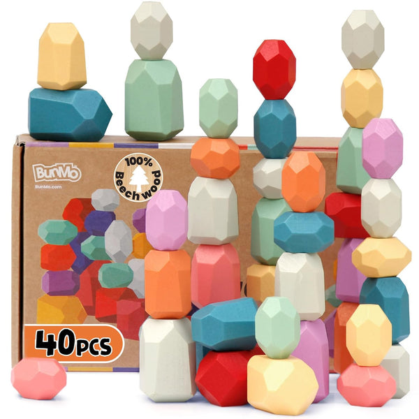 BUNMO Stacking Rocks 40pcs, Safe for Ages 1+, Montessori Toys for 1 Year Old, Wooden Stacking Blocks for Kids