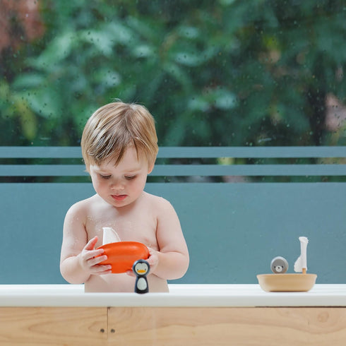 PlanToys Wooden Sailing Boat Toy with Seal | Bath Time Water Toy for Floating Play, Imagination & Gentle Sensory
