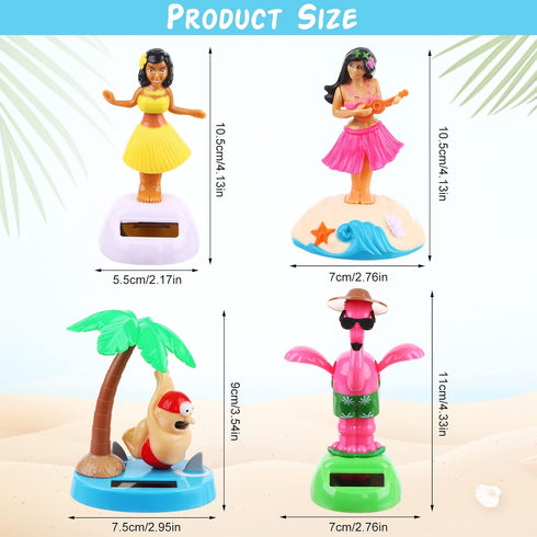 4 Pack Hawaii Girl Solar Powered Dancing Toys, Flapping Wings Flamingo Car Shaking Head Dancer Doll