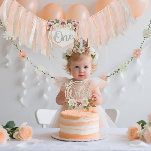 1st 1st DCJHFJ Wildflower High Chair Banner Birthday Party Decorations for Girl Light Pink One Flower Cake Topper