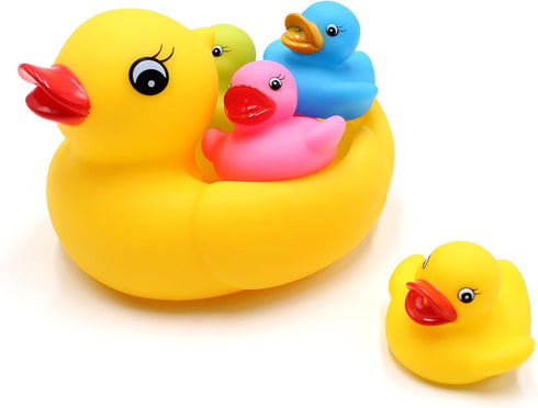 Floating Rubber Duckies Bath Play Set - 5 Pieces with 1 Jumbo Mama Ducky and 4 Baby Ducks (4 Colors)