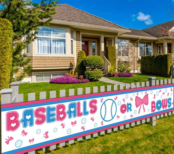 Colormoon Gender Reveal Party Supplies Decorations, Large Baseballs or Bows Banner, Pink & Blue (9.8 x 1.5 feet)