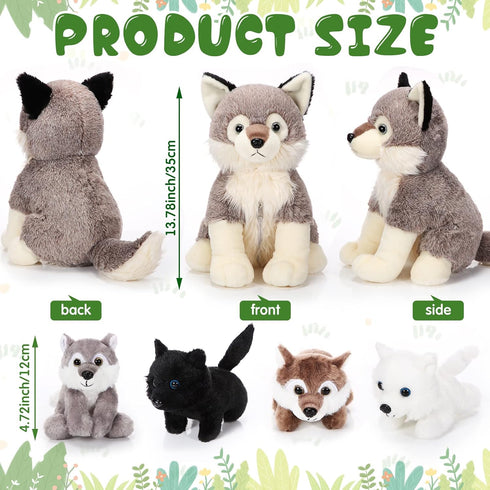 Honoson 5 Pcs Wolf Plush Set - 14 Inch Mommy Wolf Stuffed Animal with 4 Cute Baby Wolves, Soft Plushie Gift