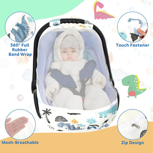 Fiwochic Dinosaurs Carseat Cover Baby Infant Car Seat Canopy Breathable Cotton Extra Large Mesh Window Windproof