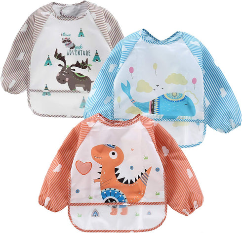 PandaEar Waterproof Full Sleeve Bibs for Baby Infant Toddler 6-36 Months | 3 Pack Long Sleeve Bibs