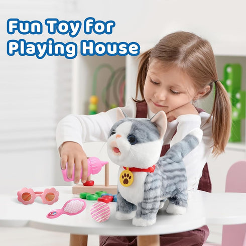 Ylpaprm Set Gray Walking Cat Interactive Toy Cat for Girl Repeat What You Say Toy Kitten Talking Singing Dancing Touch