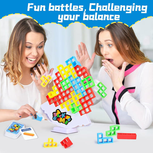 64PCS Stack Attack Game - Tetra Board Tower Games for Adults & Kids, 2 Players Balance Stacking Toy