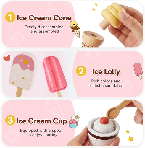 Counter 3-5, Set 3+ 4 5 6 HERSITY Wooden Ice Cream Pretend Play Food for Toddlers Ice Cream Shop Stand Popsicle Toy