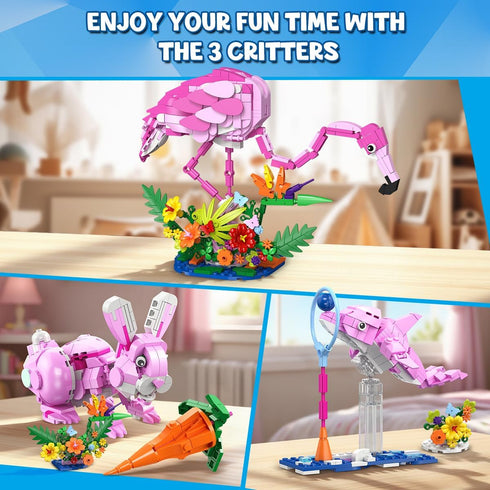 3 1 Set 3 558PCS 6+ HOGOKIDS Easter Bunny in Pink Building with Flowers, Animal Figure with Building Options