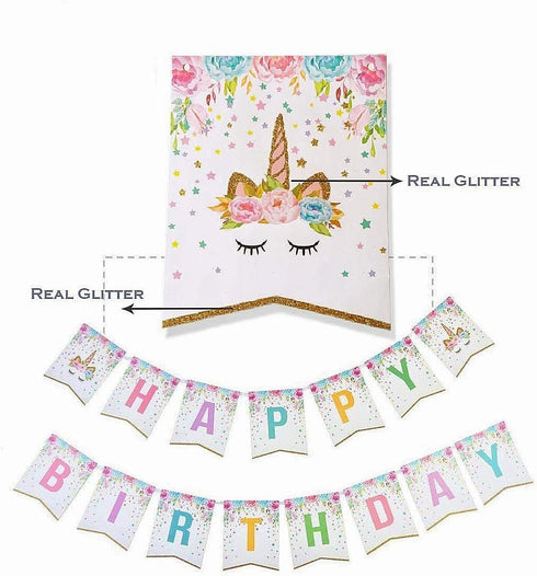 Happy Birthday Banner with Honeycomb Balls for Girls Party Decoration Supplies - Golden Glitter Design