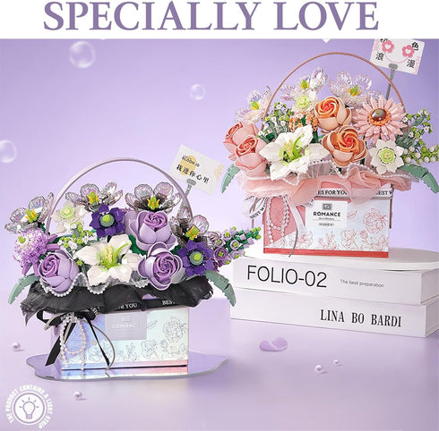 MEIEST Set,Simulation Flower Bouquet Building Blocks Model Artificial Rose Handheld Gift Box,Bonsai Plant Building