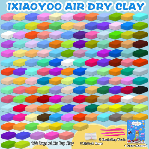 158 Set, 3-12 Ixiaoyoo Air Dry Clay for Kids, Colors Modeling Clay Kit, DIY Model Toys with Sculpting Tools, School