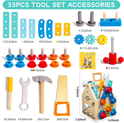 Set 33 3 Set GAIETYDIY Toddler Tool - PCS Wooden Kids Tools with Box/Bench/Tool House, Montessori Educational Pretend