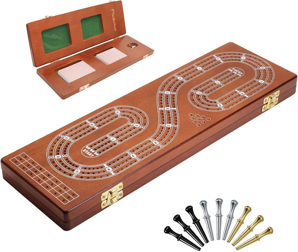 Cribbage Board Game Set 3 Tracks, Plusvivo Solid Oak Wood Cribbage Boards