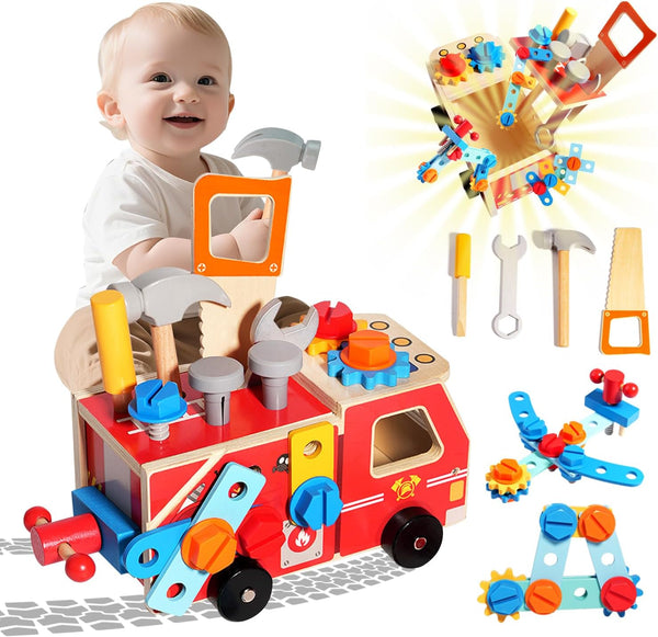Toddler Tool Set - 33 PCS Wooden Kids Tools with Firetruck-Shaped Box