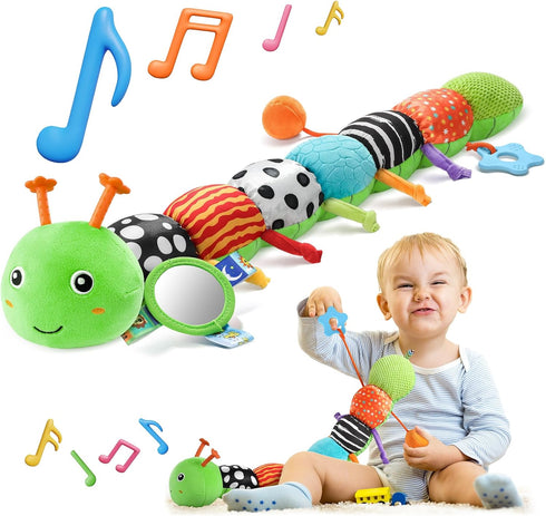 HEMRLY Baby Sensory Toy 0-6 Months, Musical Stuffed Caterpillar Plush with Teether, Crinkle,